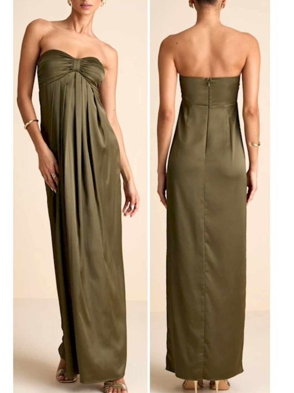 Lulus Memorable Entrance Olive Green Strapless Satin Maxi Dress Small New NWT